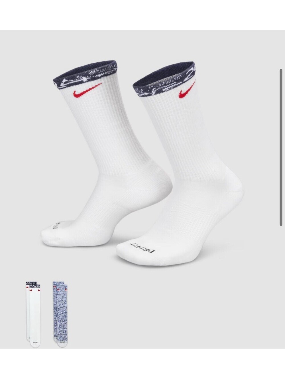 Nike USA Olympics Dri-FIT Everyday Plus 2 Pack Socks Size 8 to 12 Red White Blue